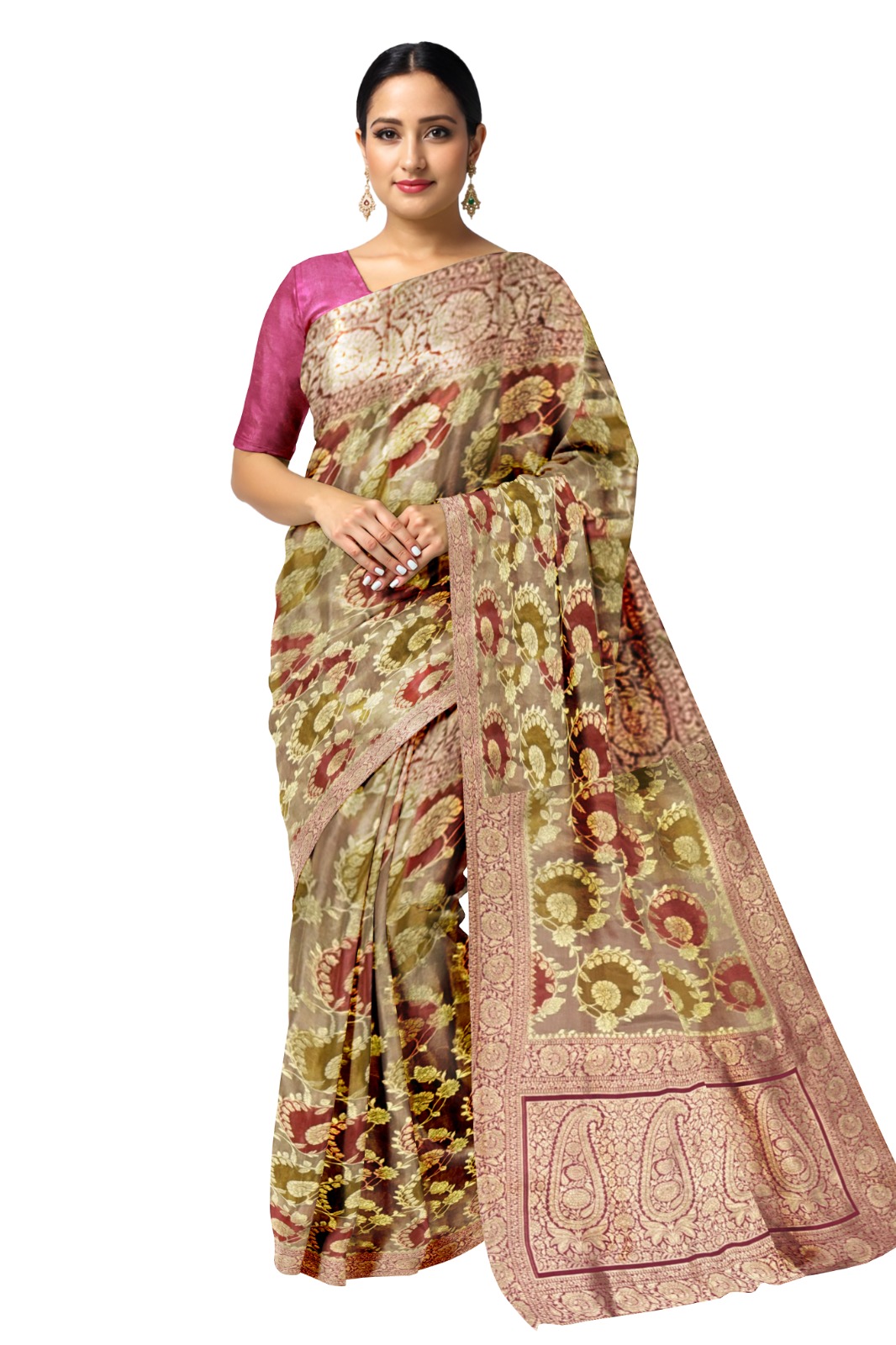 Pure Silk Moonga Designer Saree with Golden Floral Weave & Contrast Pallu – Elegant Banarasi-Inspired Saree
