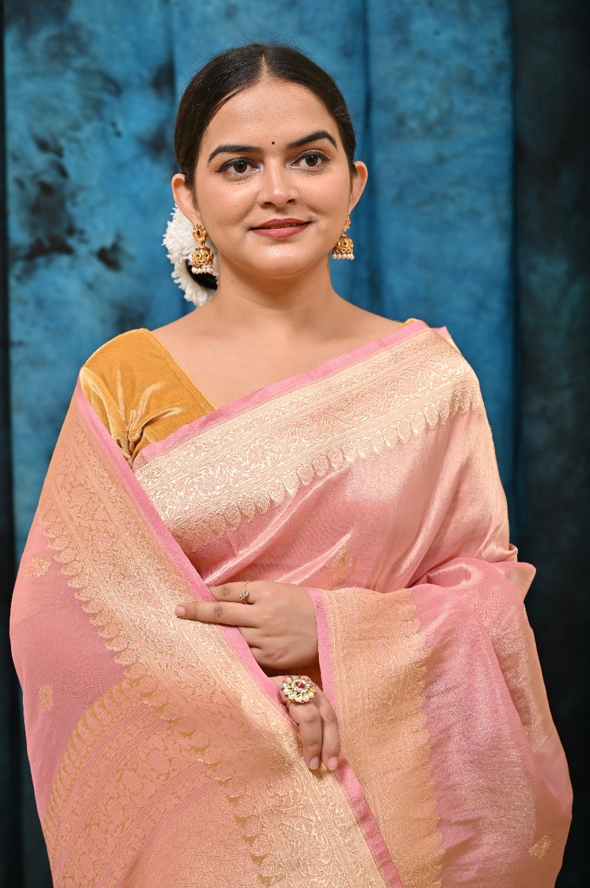 Pink Soft Tissue Zari Silk Saree