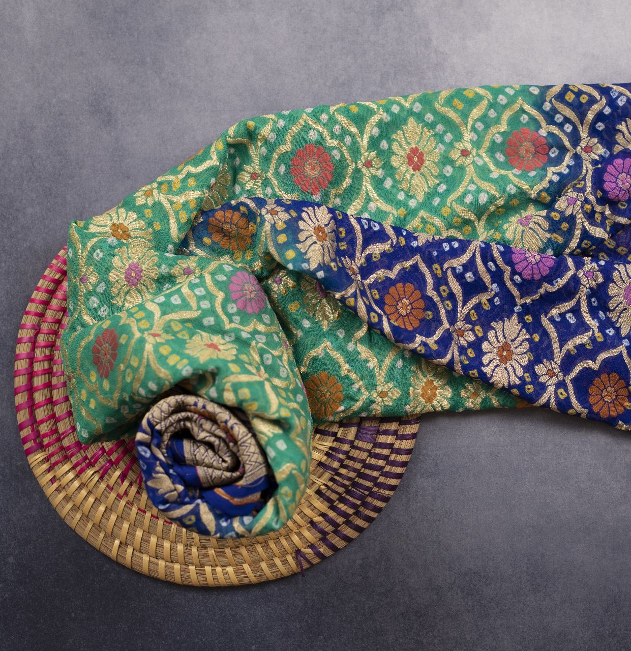 SEA GREEN AND BLUE BANDHANI SILK DUPATTA