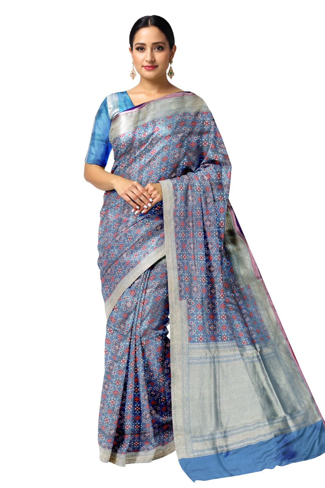 Elegant Blue Patola Silk Saree with Silver Zari Border – Handwoven Double Ikat Saree